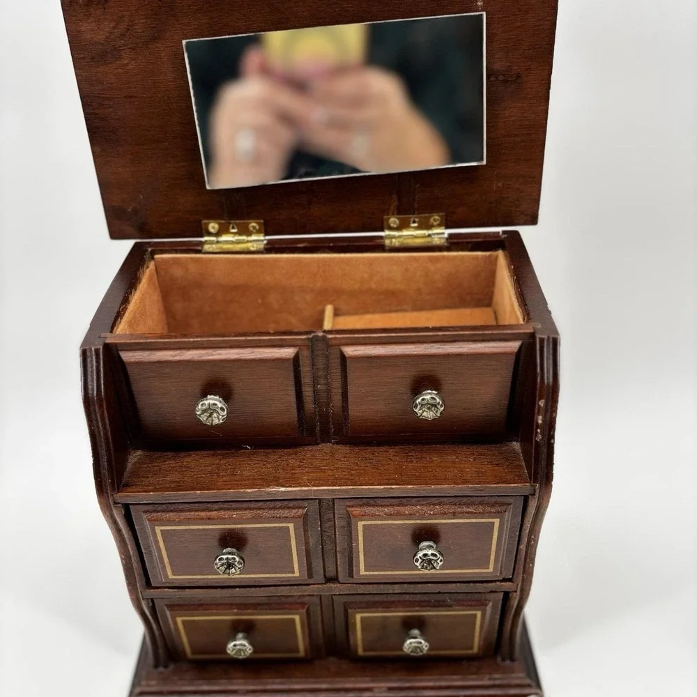 Vintage Brown Wooden Jewelry Box‎ With Drawers And Mirror